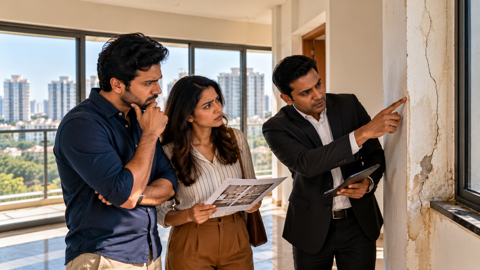 A couple weighing a flat purchase while a sales executive points at a cracked, damp wall in an unfinished Bengaluru apartment