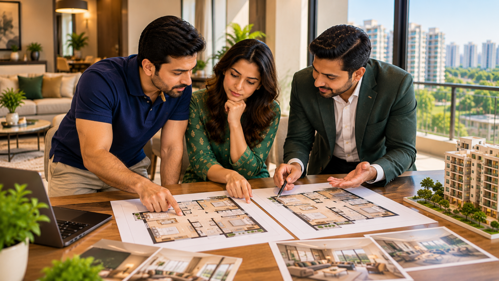 A couple and a property consultant comparing two flats by their floor plans on a table in a Bangalore apartment