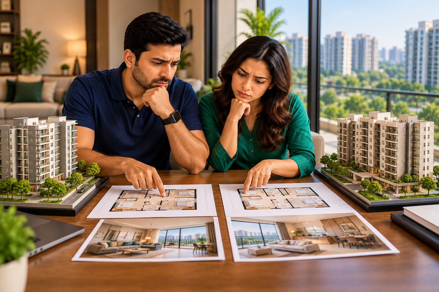 A couple studying two flats' floor plans side by side on a table, comparing two flats in Bangalore