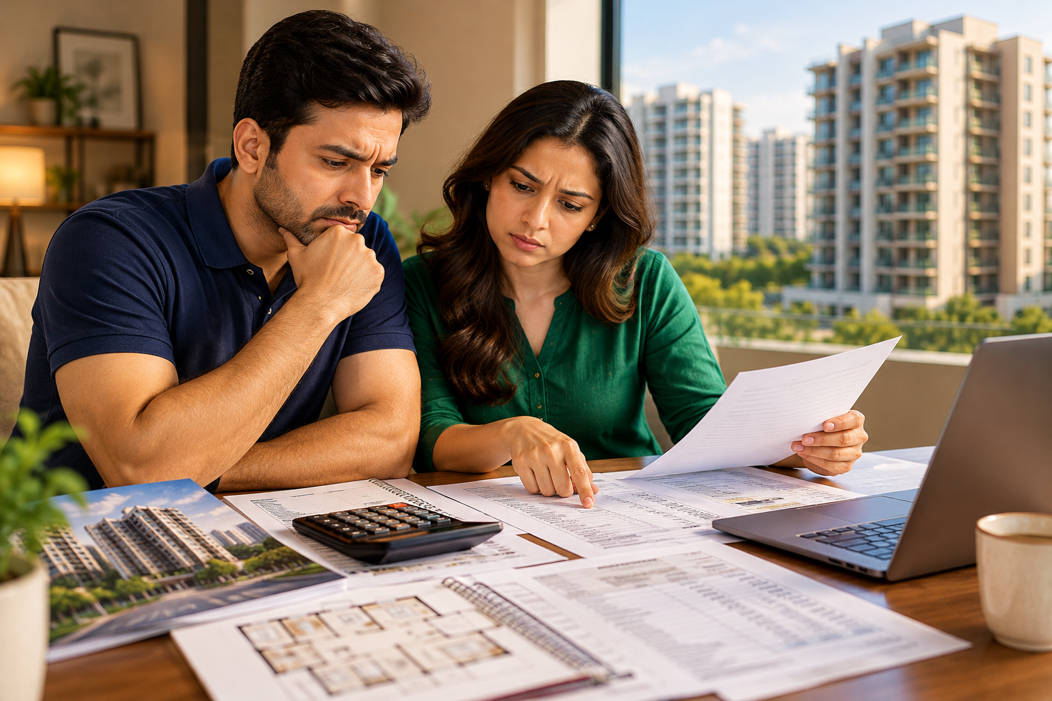 A worried couple at a table with a calculator, flat brochures and cost sheets, working out the real cost of a flat in Bangalore