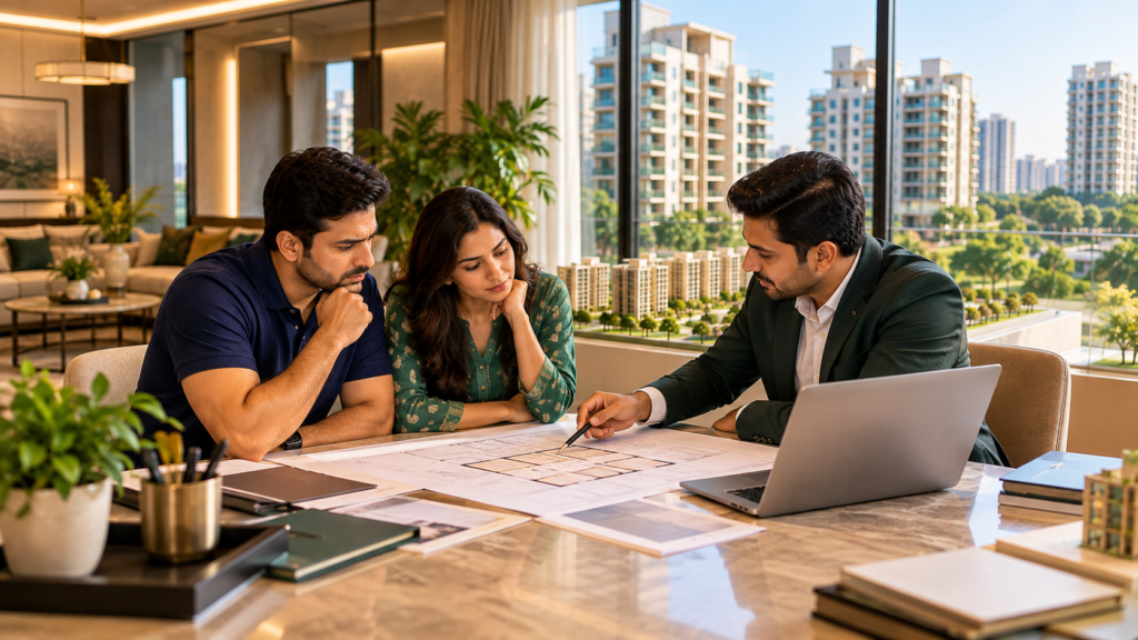 A couple and a sales executive reviewing a flat's floor plan and cost sheet at a desk in a Bangalore apartment sales gallery