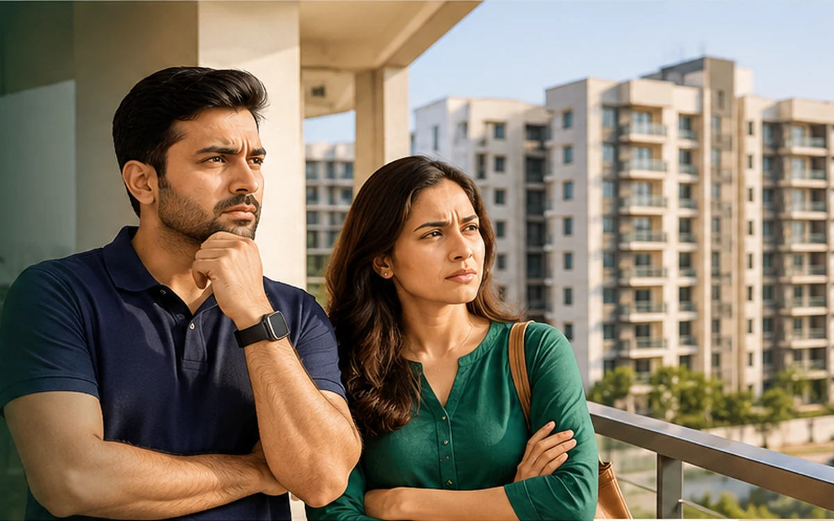A worried couple on a balcony looking at apartment towers while deciding whether to walk away from a flat purchase in Bangalore