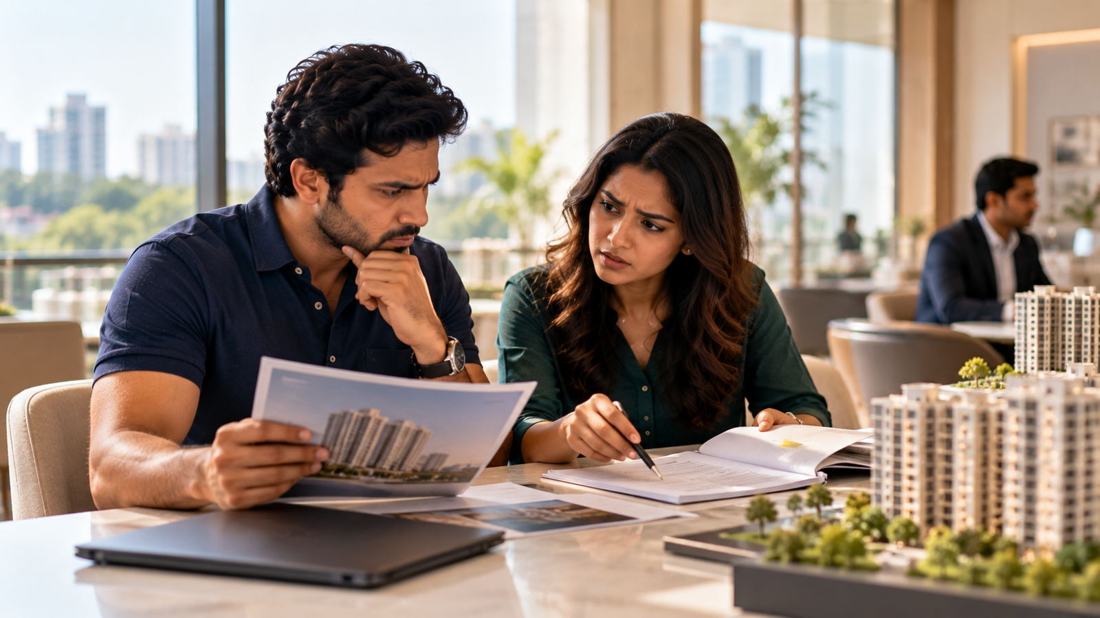 A worried couple at a sales gallery table with a project brochure and a marked document, checking the RERA details of a flat in Bangalore