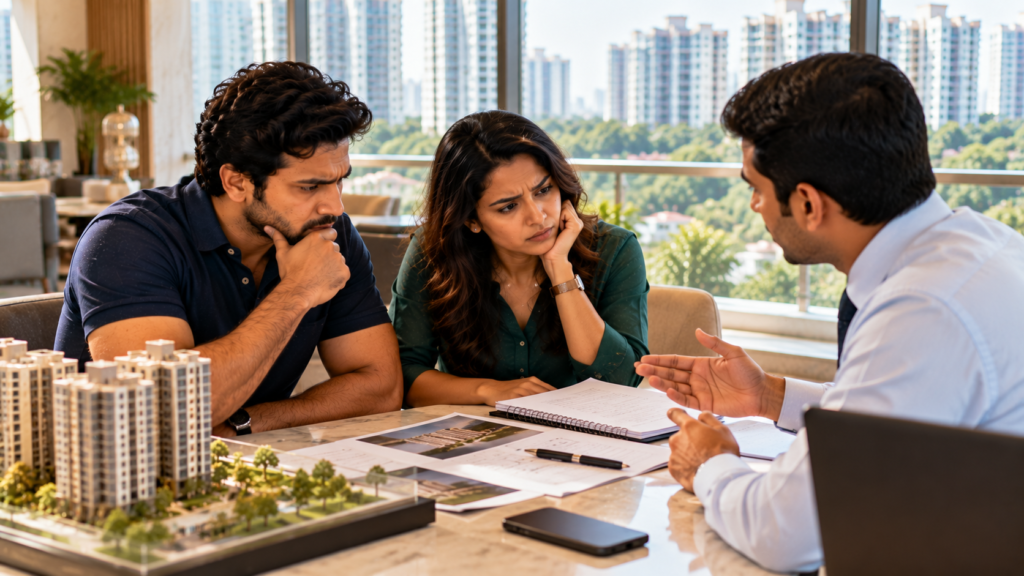 A couple with a notebook and a project brochure listening to a sales executive at a desk in a Bangalore apartment sales gallery, checking RERA details